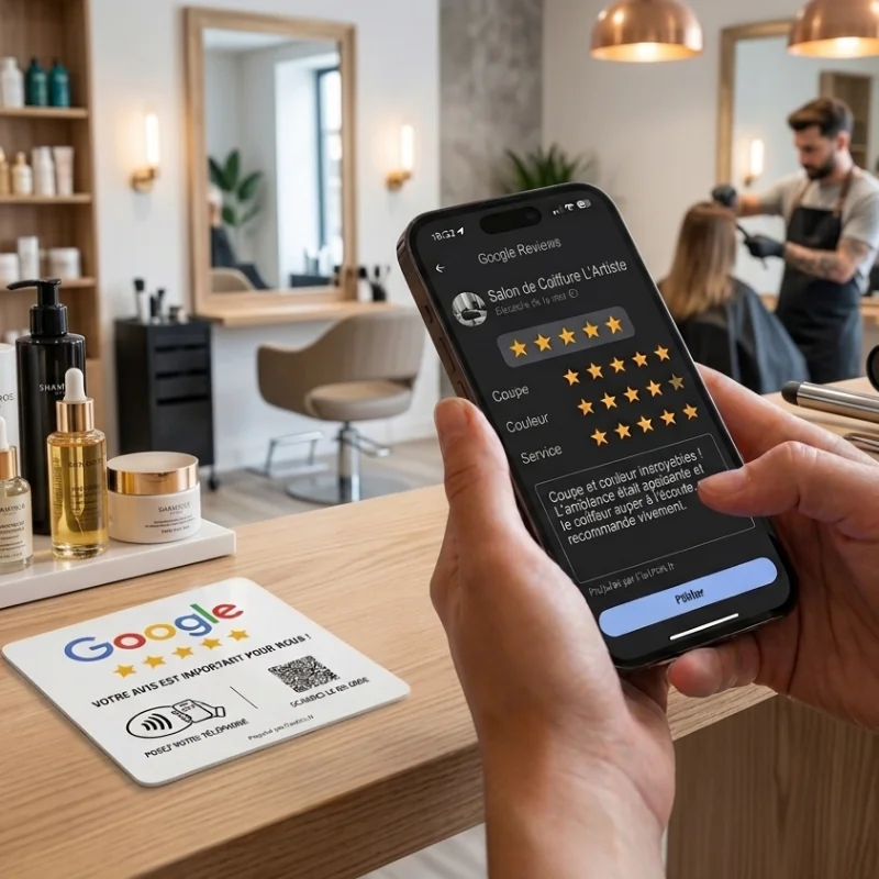Plaque avis Google dans un salon de coiffure lyonnais