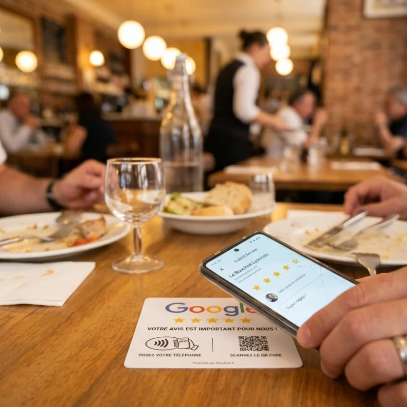 Plaque NFC avis Google posée sur une table de restaurant à Lyon